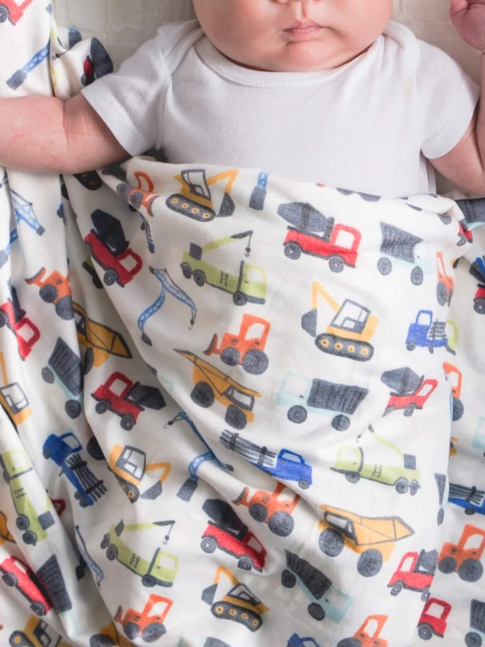Soft Cotton Baby Swaddle - Construction Trucks Print (White)